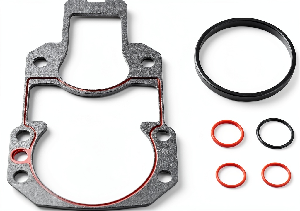 Close‑up of Quicksilver gasket kit components laid out on a boat workbench